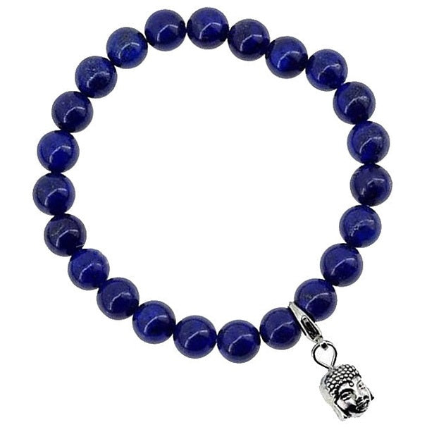 Blauw edelstenen armband met lapis lazuli en boeddha bedeltje | Lapis Lazuli Silver Dangling Buddha Head