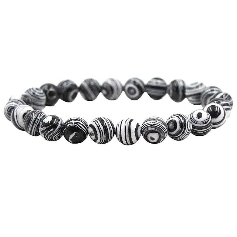 Zwart wit edelstenen armband met malachiet zijaanzicht | Elastisch | Black and White