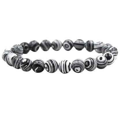 Zwart wit edelstenen armband met malachiet zijaanzicht | Elastisch | Black and White