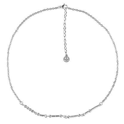 Zilveren edelstenen ketting met zilver edelstaal en hematiet stenen die het woord HAPPY in morse code weer geeft | Morse Code Happy Silver Hematite