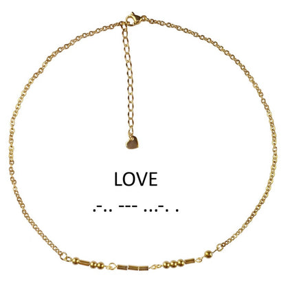 Gouden edelstenen ketting met goud edelstaal en hematiet stenen die het woord LOVE in morse code weer geeft | Morse Code Love Gold Hematite