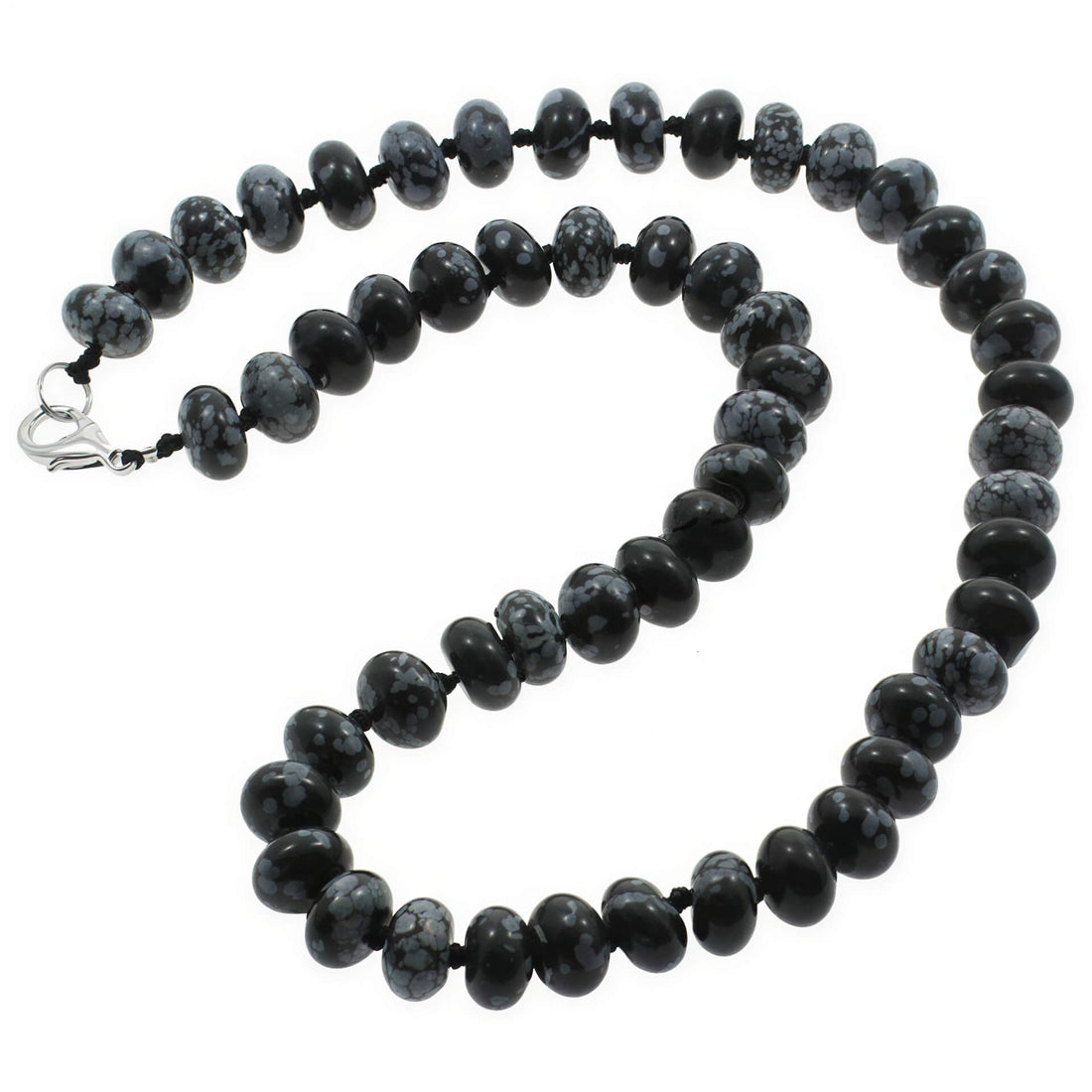 Zwart grijze handgeknoopte edelstenen ketting met obsidiaan sneeuwvlok en sterling zilver (925) | Snowflake Obsidiaan Rondelle