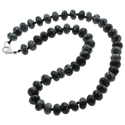 Zwart grijze handgeknoopte edelstenen ketting met obsidiaan sneeuwvlok en sterling zilver (925) | Snowflake Obsidiaan Rondelle