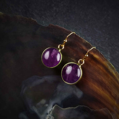 Paarse edelstenen oorbellen met goud edelstaal hangend in schelp | Amethyst Gold Round
