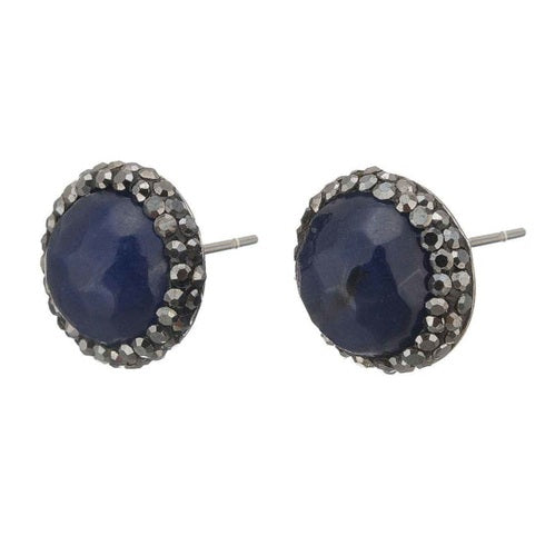 Donker blauwe edelstenen oorknoppen met stras steentjes en zilver edelstaal | Black Bright Blue Agate