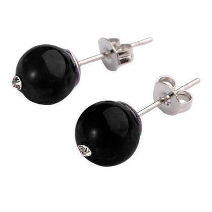 Zwarte edelstenen oorbellen met agaat en stras steentje , zwarte oorknopjes | Bling Black Agate