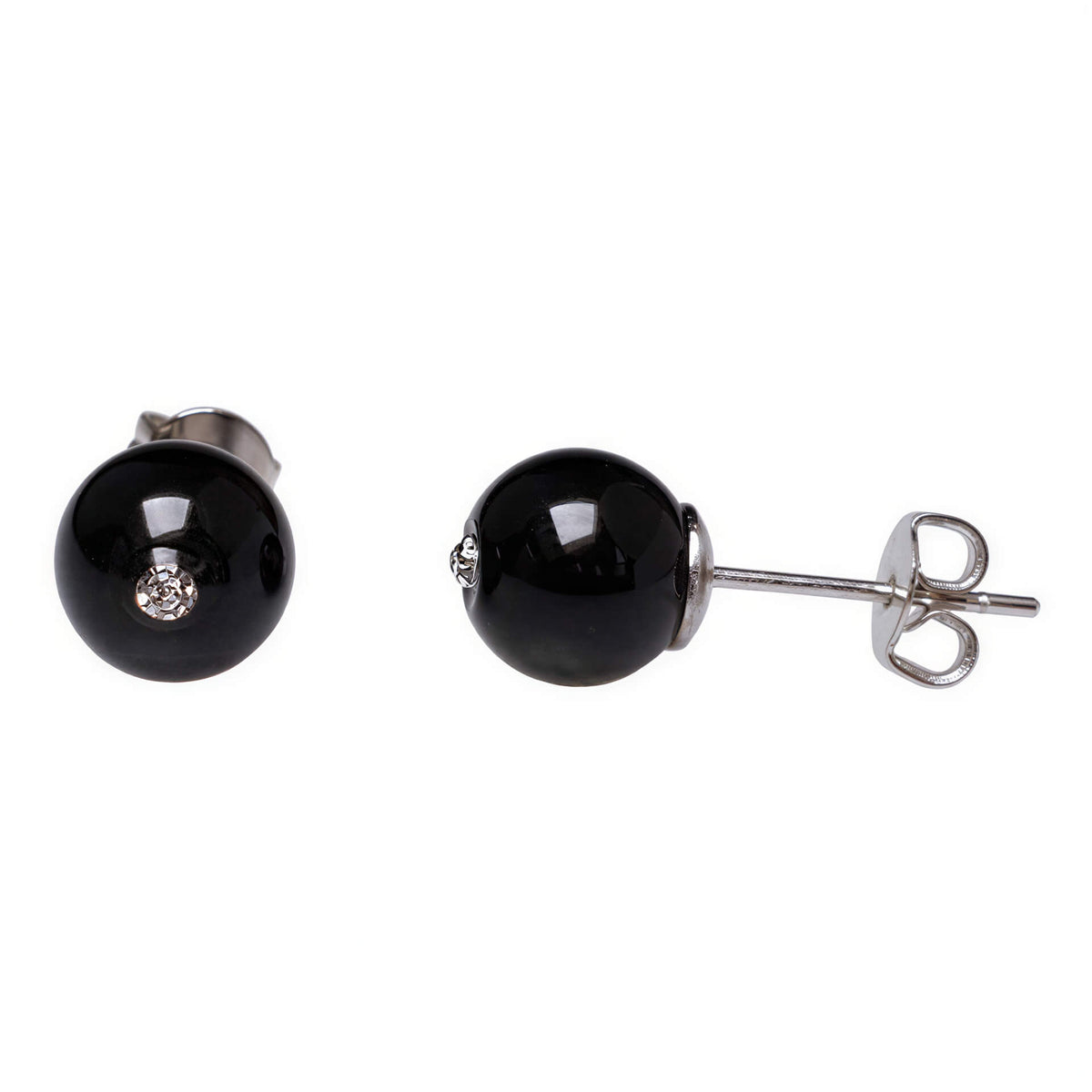 Zwarte edelstenen oorbellen met agaat en stras steentje , zwarte oorknopjes, voor- en zijaanzicht | Bling Black Agate
