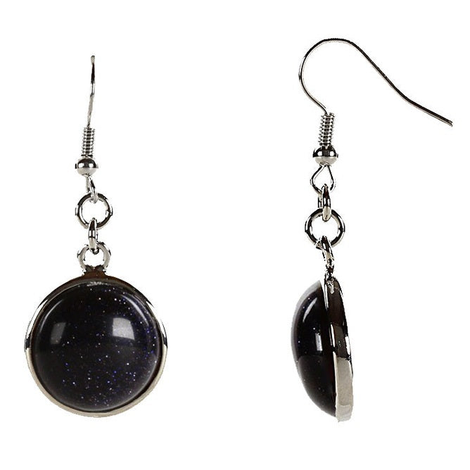 Blauw zwarte edelstenen oorbellen met goudsteen en sterling zilver (925) voor en zijaanzicht | Blue Goldstone Round