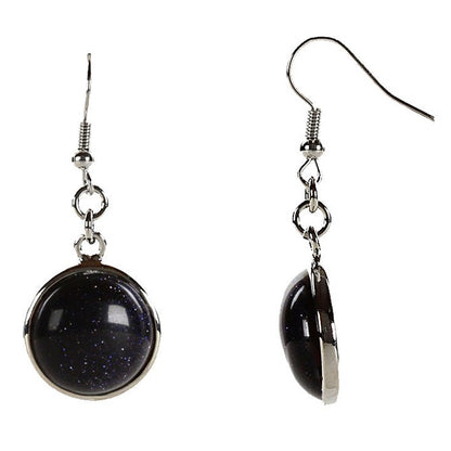 Blauw zwarte edelstenen oorbellen met goudsteen en sterling zilver (925) voor en zijaanzicht | Blue Goldstone Round