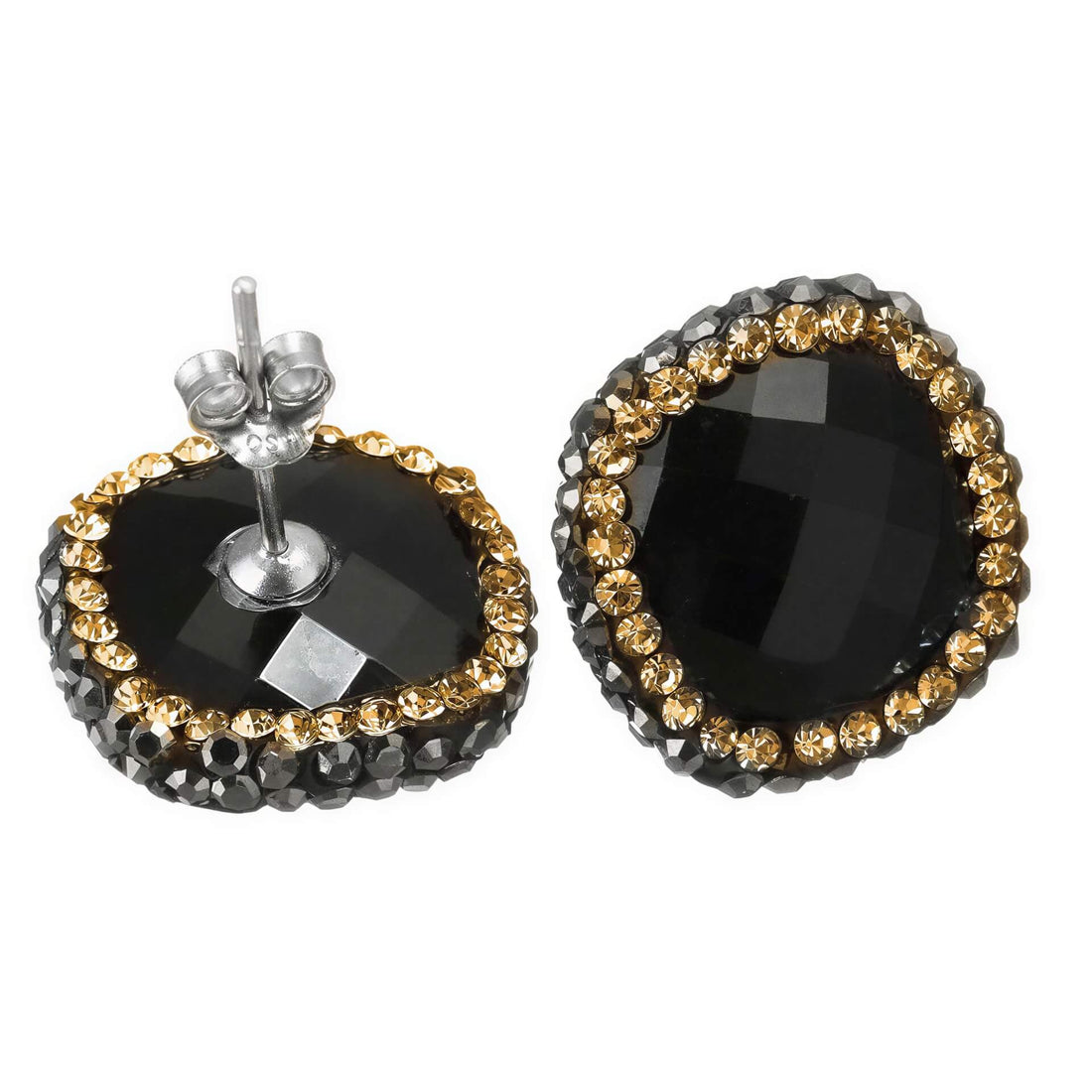 Zwarte edelstenen oorbellen met agaat , gouden stras steentjes en sterling zilver (925) voor en achterzijde | Bright Black Agate Gold Square