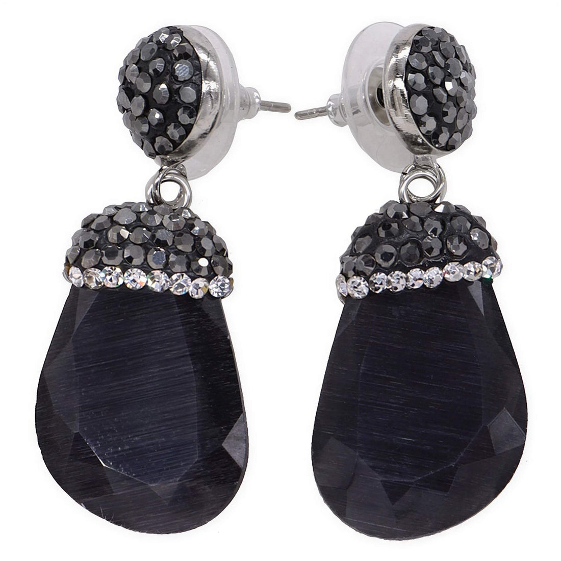 Zwarte edelstenen oorbellen met kattenoog en stras steentjes | Bright Black Cat&