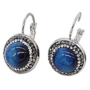 Blauwe edelstenen oorbellen met tijgeroog en stras steentjes vooraanzicht | Bright Blue Tiger Eye Silver