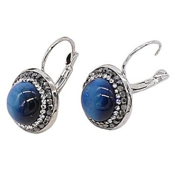 Blauwe edelstenen oorbellen met tijgeroog en stras steentjes zijaanzicht | Bright Blue Tiger Eye Silver