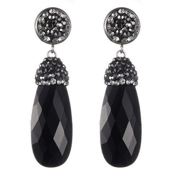 Lange zwarte edelstenen oorbellen met agaat en stras steentjes, edelstenen oorknoppen | Bright Long Black Agate