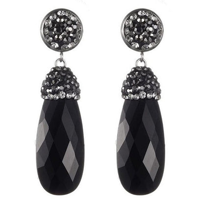 Lange zwarte edelstenen oorbellen met agaat en stras steentjes, edelstenen oorknoppen | Bright Long Black Agate