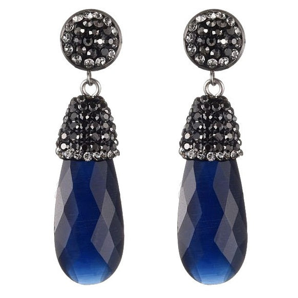 Lange blauwe edelstenen oorbellen met kattenoog en stras steentjes, edelstenen oorknoppen | Bright Long Blue Cat&