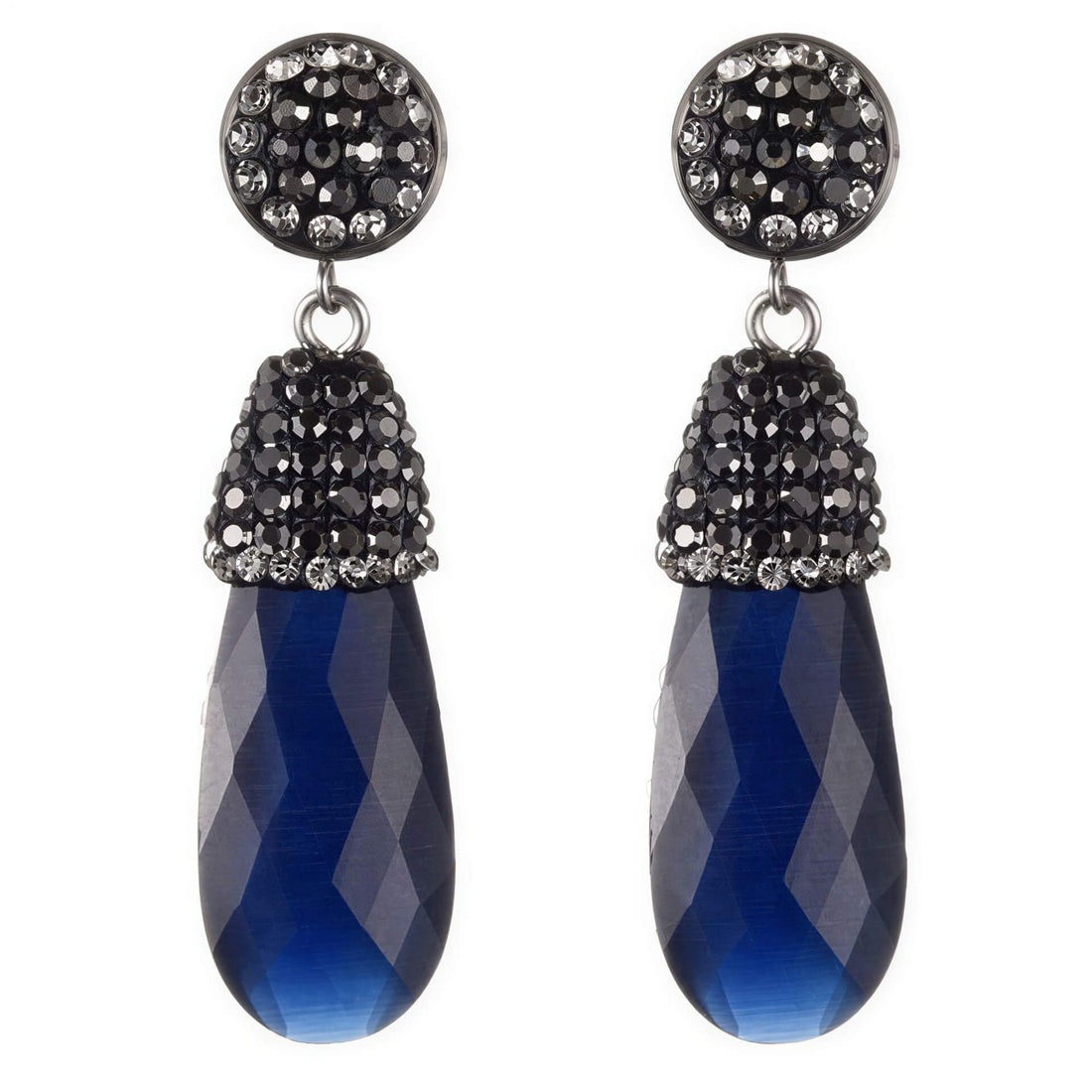 Lange blauwe edelstenen oorbellen met kattenoog en stras steentjes, edelstenen oorknoppen | Bright Long Blue Cat&