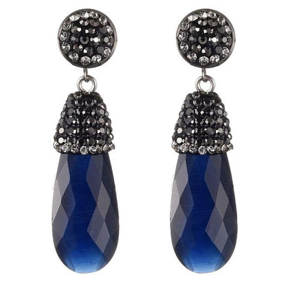 Lange blauwe edelstenen oorbellen met kattenoog en stras steentjes, edelstenen oorknoppen | Bright Long Blue Cat&