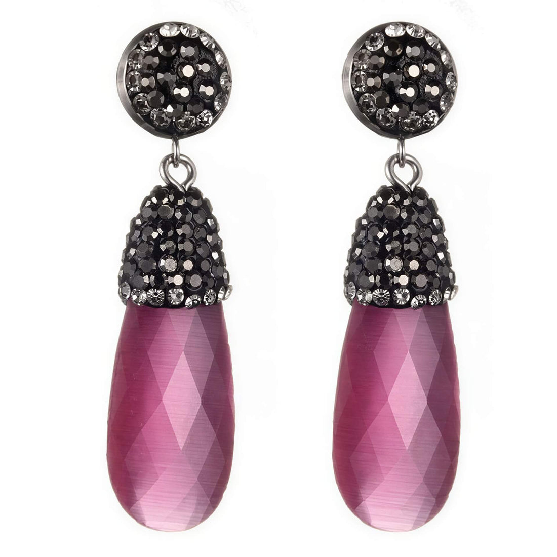 Lange roze edelstenen oorbellen met kattenoog en stras steentjes, edelstenen oorknoppen | Bright Long Pink Cat&