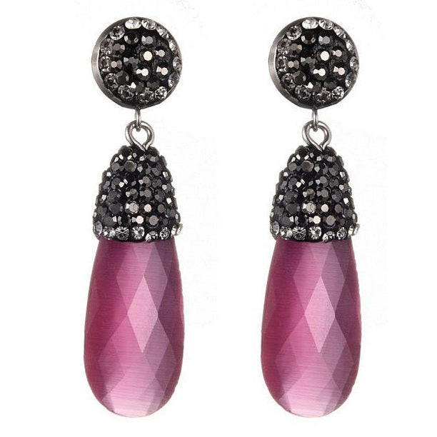 Lange roze edelstenen oorbellen met kattenoog en stras steentjes, edelstenen oorknoppen | Bright Long Pink Cat&