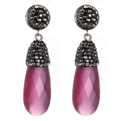 Lange roze edelstenen oorbellen met kattenoog en stras steentjes, edelstenen oorknoppen | Bright Long Pink Cat&
