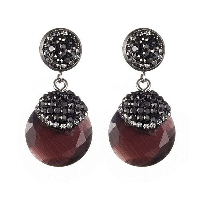 Taupe kleurige edelstenen oorbellen met kattenoog en stras steentjes | Bright Round Taupe Cat’s Eye