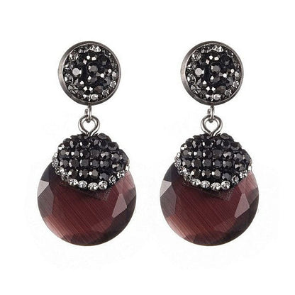 Taupe kleurige edelstenen oorbellen met kattenoog en stras steentjes | Bright Round Taupe Cat’s Eye