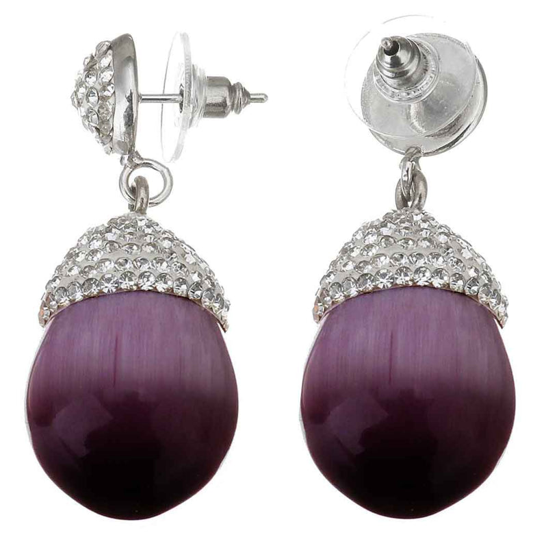 Paarse edelstenen oorbellen met kattenoog en zilveren stras steentjes met zij en achteraanzicht | Bright Silver Purple Cat’s Eye