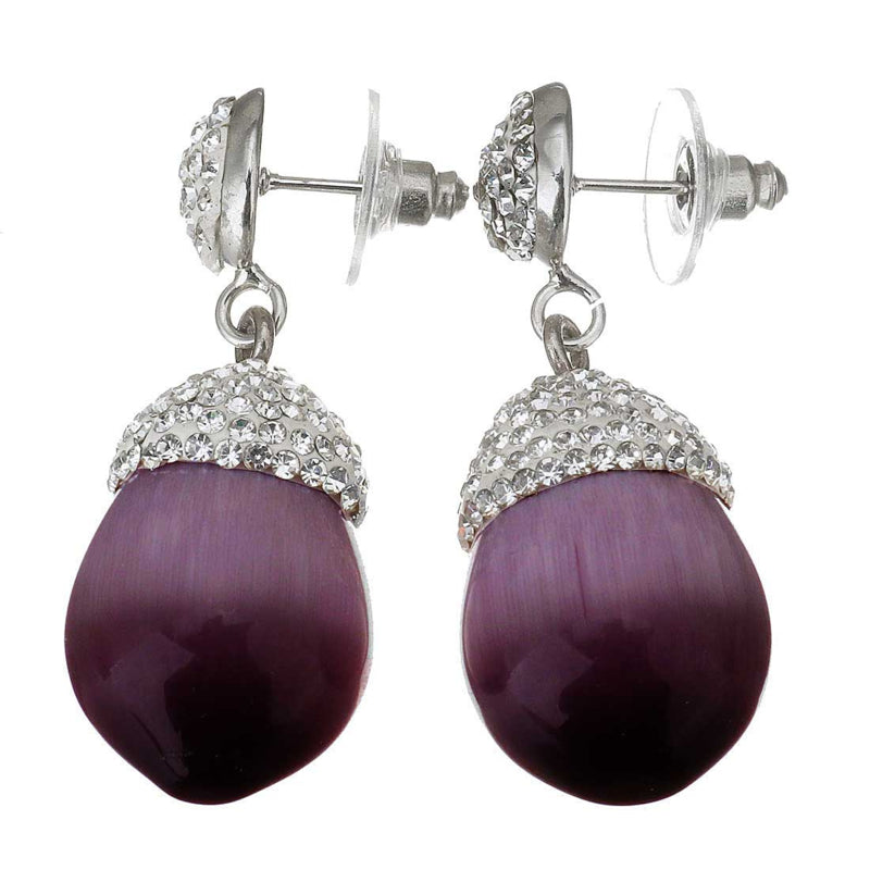 Paarse edelstenen oorbellen met kattenoog en zilveren stras steentjes zijaanzicht | Bright Silver Purple Cat’s Eye