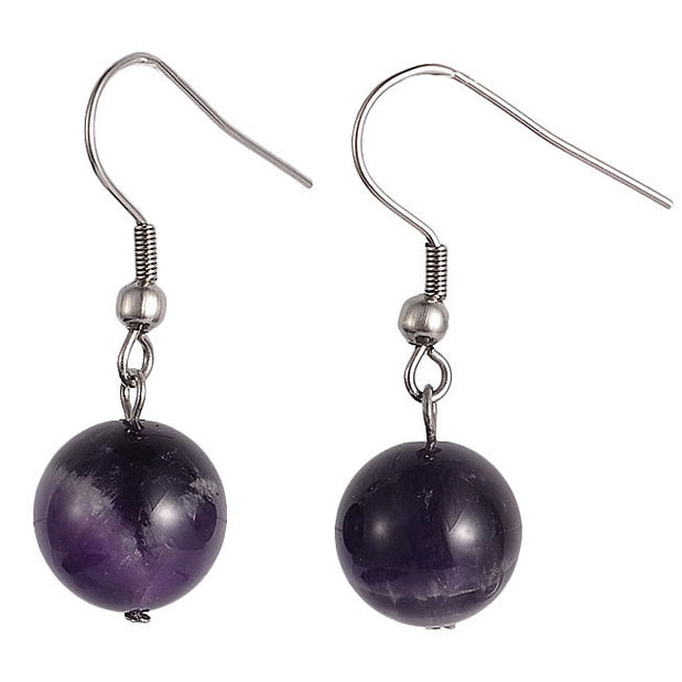 Paarse edelstenen oorbellen met amethist en zilver edelstaal | Dangling Amethyst Ball