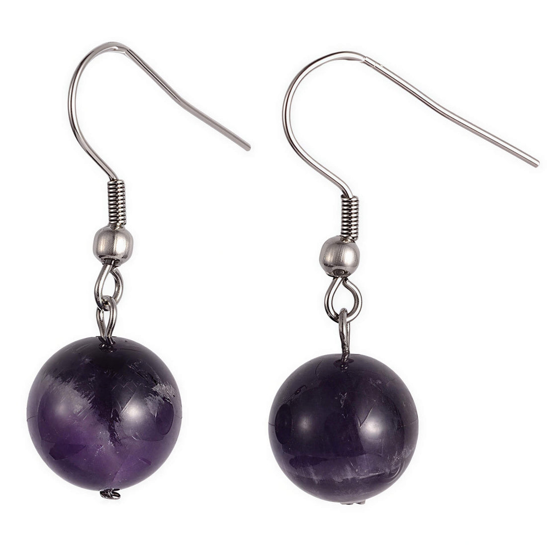 Paarse edelstenen oorbellen met amethist en zilver edelstaal | Dangling Amethyst Ball