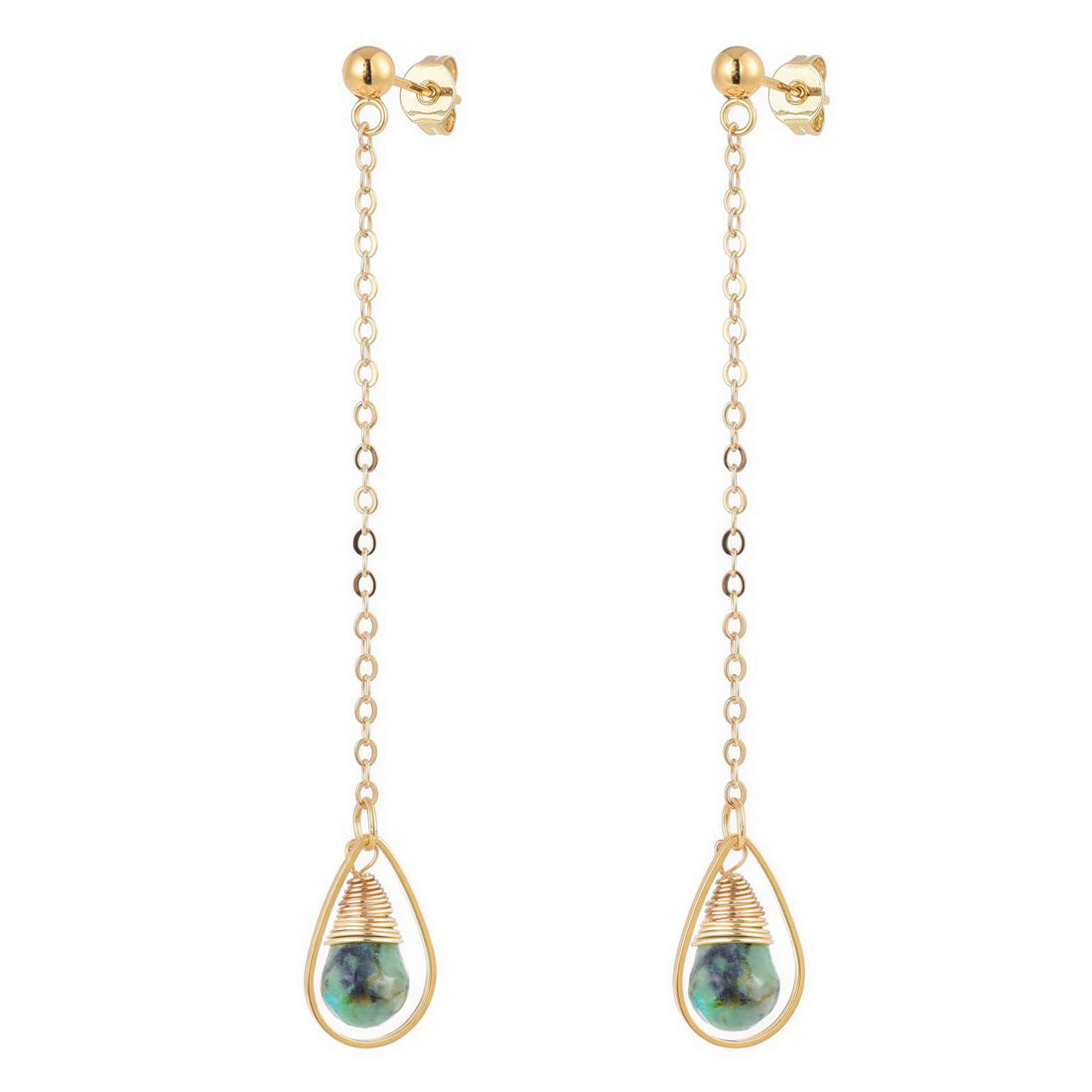 Lange edelstenen oorbellen met Afrikaans turkoois en goud edelstaal | Dangling Long African Turquoise