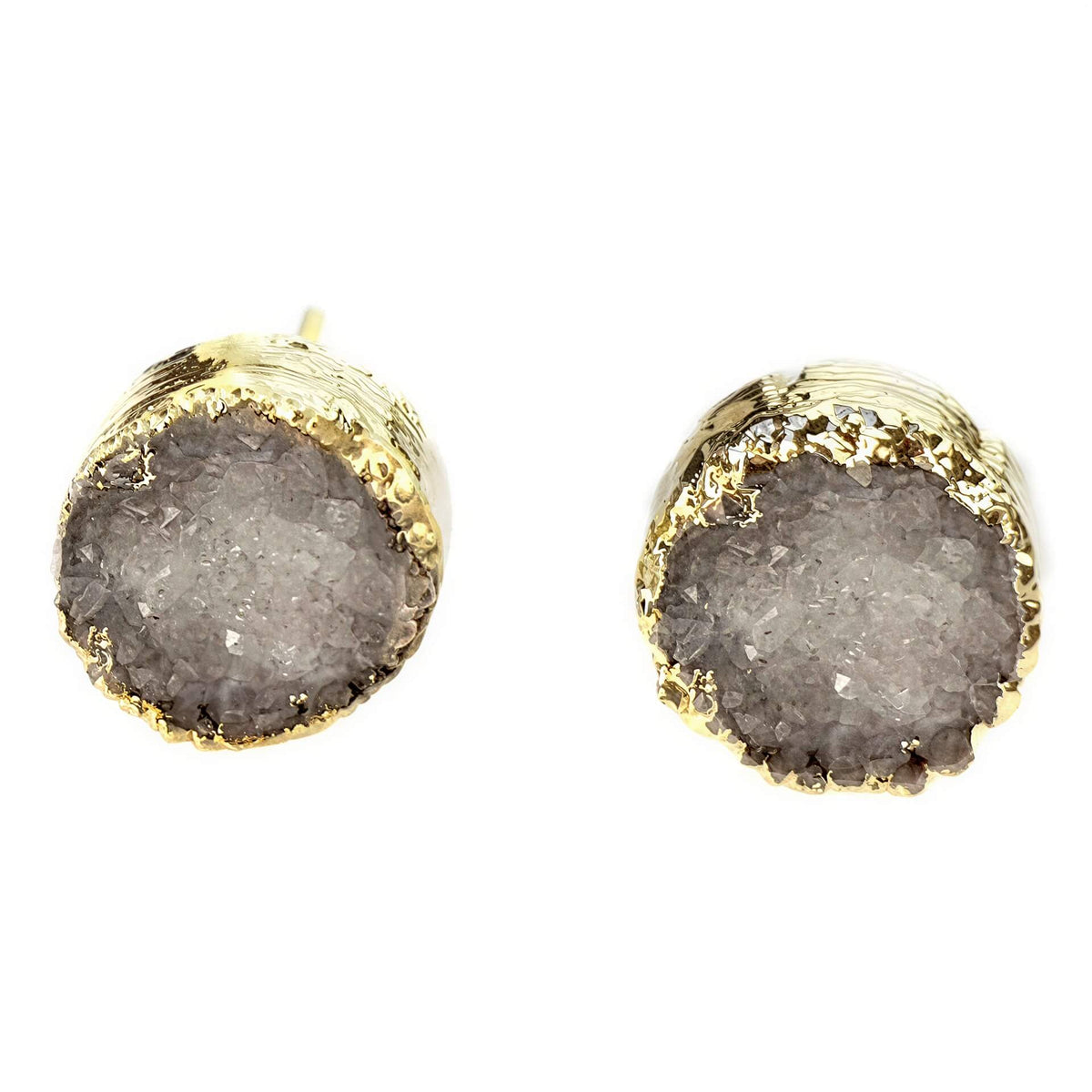 Edelstenen oorbellen met grijze druzy agaat en goud vooraanzicht | Druzy Gold Grey
