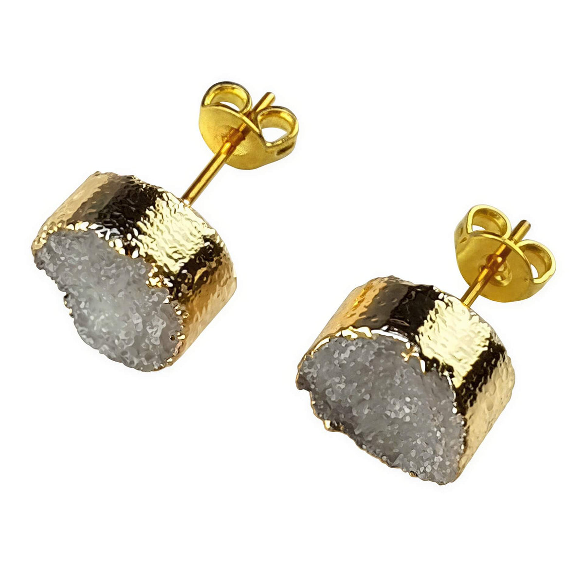 Edelstenen oorbellen met grijze druzy agaat en goud bovenaanzicht | Druzy Gold Grey