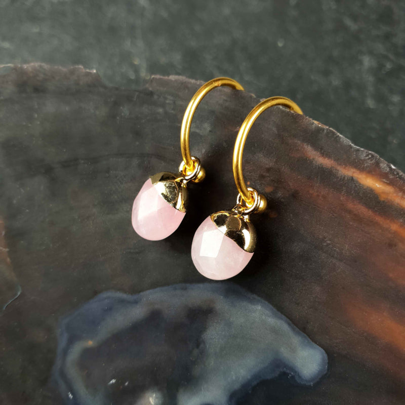 Roze edelstenen oorringen met rozenkwarts en goud edelstaal hangend in schelp | Golden Hope 15 mm Rosé Quartz