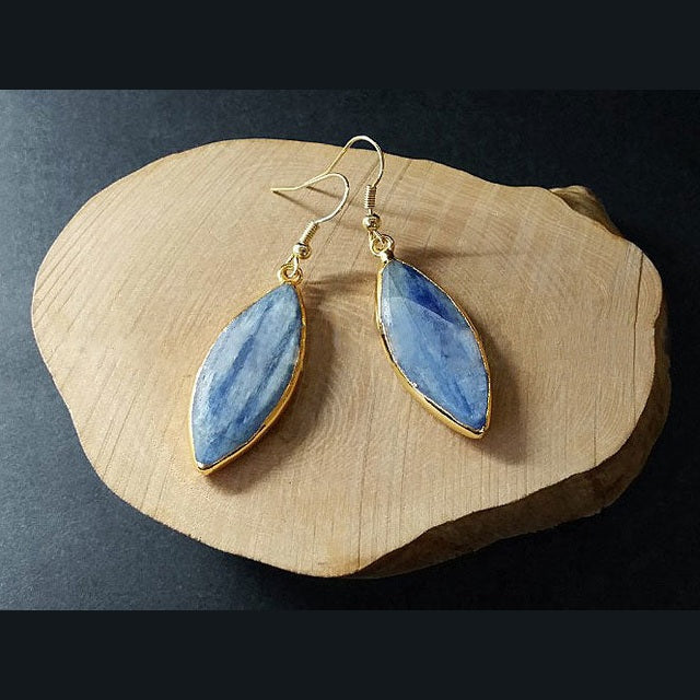 Blauw edelstenen oorbellen met kyaniet en goud edelstaal liggend op hout | Kyanite Long Gold