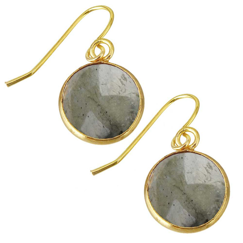 Edelstenen oorbellen met labradoriet en goud edelstaal schuin liggend | Labradorite Gold Round