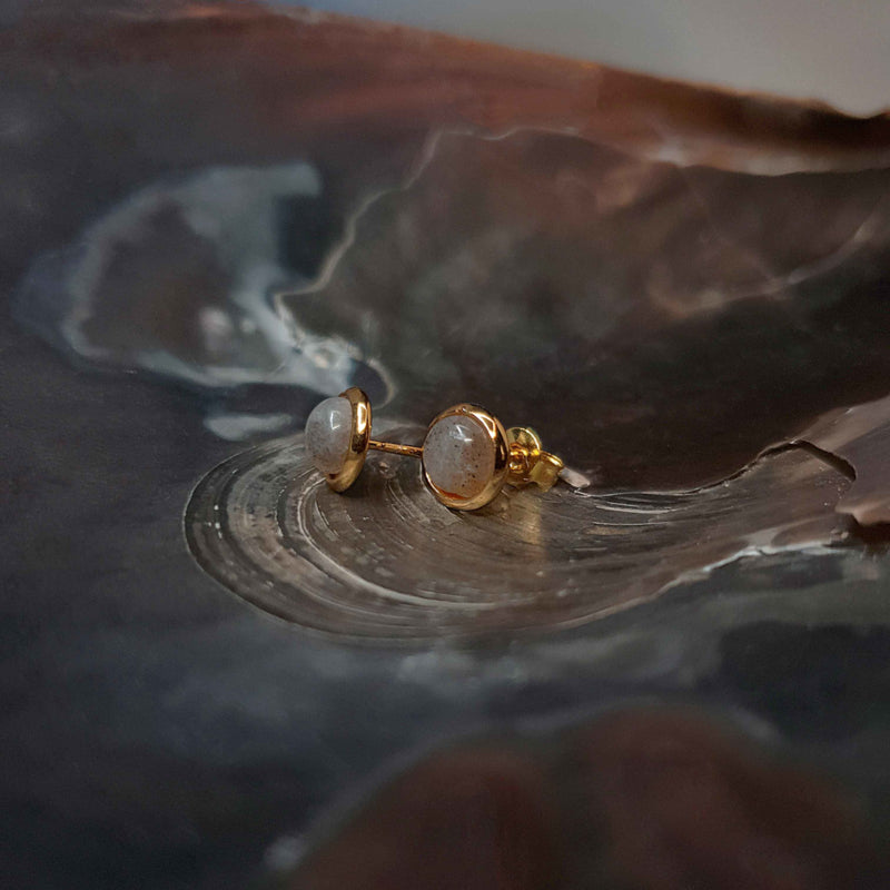 Edelstenen oorknopjes met labradoriet liggend in schelp | Labradorite Small Gold