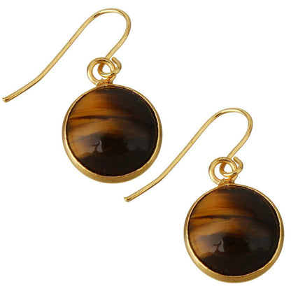 Bruine edelstenen oorbellen met tijgeroog en goud edelstaal, vooraanzicht | Tiger Eye Gold Round