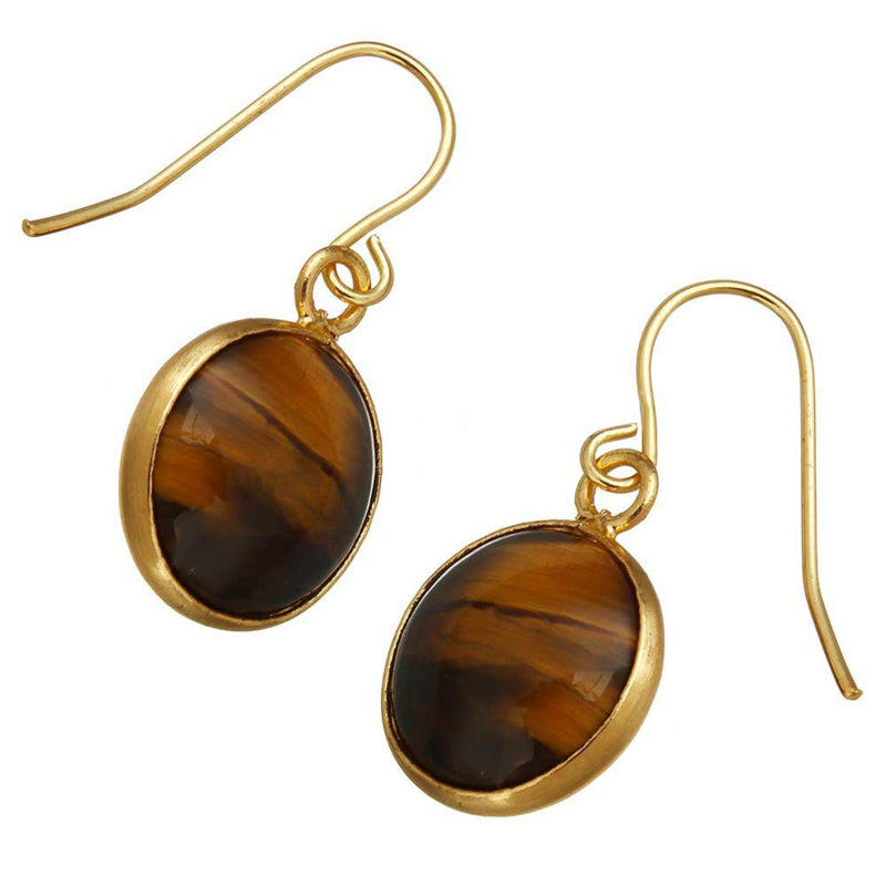 Bruine edelstenen oorbellen met tijgeroog en goud edelstaal ,zijaanzicht| Tiger Eye Gold Round