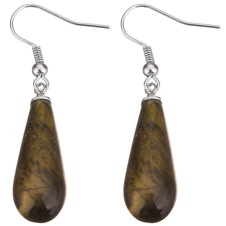 Bruine edelstenen oorbellen in druppel vorm van tijgeroog en sterling zilver (925) | Tiger Eye Long Drop