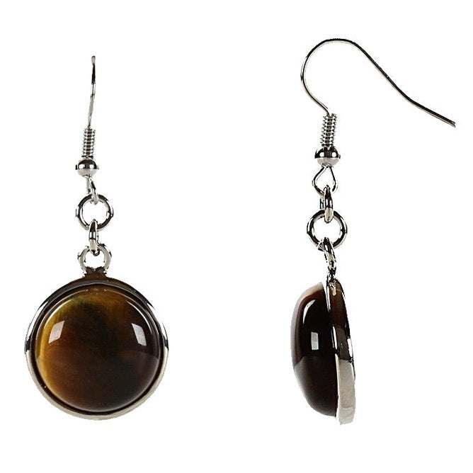 Bruine edelstenen oorbellen met ronde tijgeroog en sterling zilver (925) voor en zijaanzicht | Tiger Eye Round