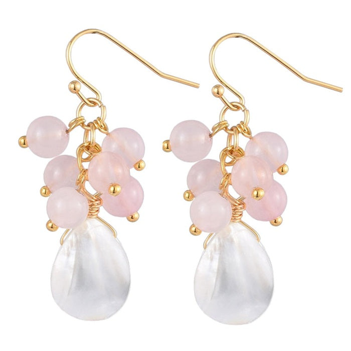 Edelstenen oorbellen met roze rozenkwarts en wit parelmoer | Abella Rosé Quartz