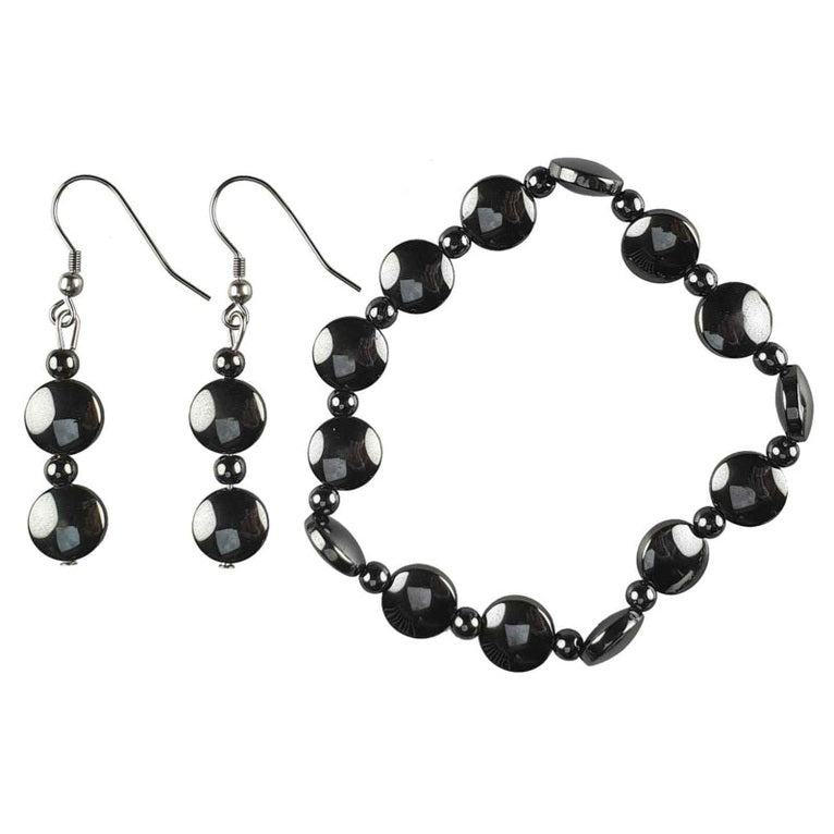 Zwarte edelstenen set met hematiet bestaande uit edelstenen armband + edelstenen oorbellen in hoog glans zwart en zilver edelstaal | set Hematite Coin (AO)