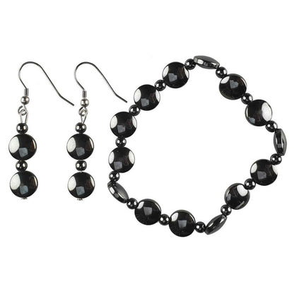 Zwarte edelstenen set met hematiet bestaande uit edelstenen armband + edelstenen oorbellen in hoog glans zwart en zilver edelstaal | set Hematite Coin (AO)