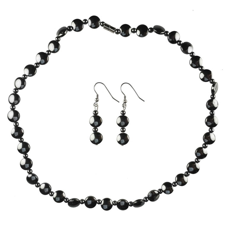 Zwarte edelstenen set bestaande uit een edelstenen ketting en oorbellen van hematiet | set Hematite Coin (KO)