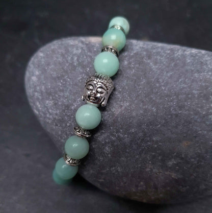 Groene edelstenen armband met amazoniet en een Boeddha liggend op kei | Elastisch | Buddha Amazonite