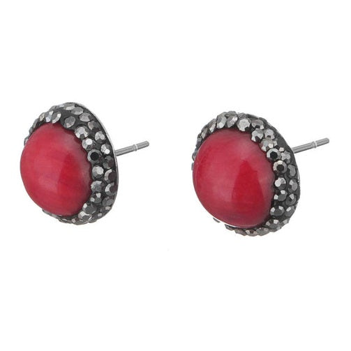 Rood koralen oorbellen met zwarte stras steentjes, oorknopjes met rood koraal en stras steentjes, zijaanzicht | Black Bright Red Coral