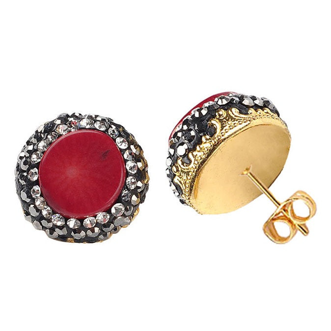 Koralen oorknoppen met rood koraal en stras steentjes | Bright Coral Stud