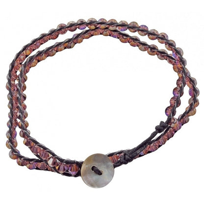 Kristallen wikkelarmband met roze glas kristallen, leer en parelmoer | Crystal Pink